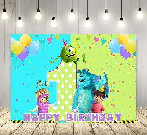 خلفية Green Monster Inc لمستلزمات حفلات أعياد الميلاد الأولى مقاس 5x3ft Monster Inc Boo موضوع لافتة استحمام الطفل لتزيين طاولة الكيك وحفلات أعياد الميلاد in Kuwait