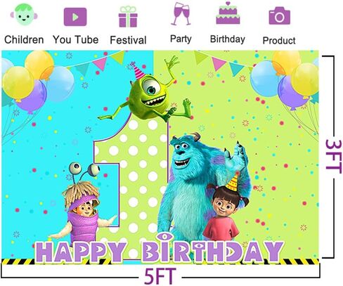 خلفية Green Monster Inc لمستلزمات حفلات أعياد الميلاد الأولى مقاس 5x3ft Monster Inc Boo موضوع لافتة استحمام الطفل لتزيين طاولة الكيك وحفلات أعياد الميلاد in Kuwait