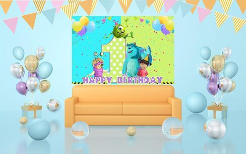 خلفية Green Monster Inc لمستلزمات حفلات أعياد الميلاد الأولى مقاس 5x3ft Monster Inc Boo موضوع لافتة استحمام الطفل لتزيين طاولة الكيك وحفلات أعياد الميلاد in Kuwait