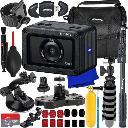 Sony Cyber-shot DSC-RX0 II Digital Camera + SanDisk 64GB Ultra microSD Memory Card, Portable 48" Monopod, Water-Resistant Gadget Bag, Mini Suction Cup Mount, Mini Metal Dolly & Much More (27pc Bundle) in Saudi Arabia