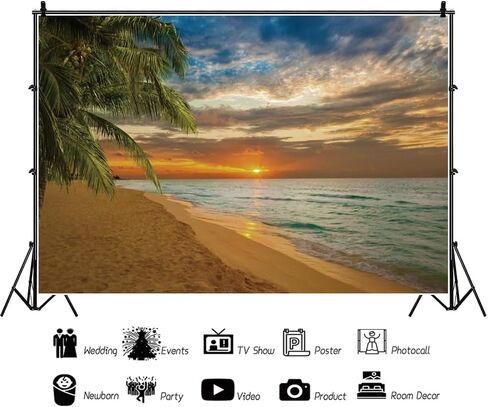 خلفية الشاطئ الاستوائية 10x8ft الصيف شاطئ شروق الشمس غروب الشمس خلفية شاطئ البحر شجرة جوز الهند التصوير خلفية الصيف موضوع الطرف الديكور صورة التصوير الدعائم راية in Kuwait