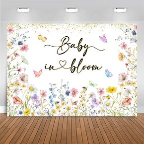 Mocsicka Baby in Bloom Baby Shower Backdrop for Girl Wildflower Baby Shower Party Decorations Gold Glitter Butterfly Photography Background Photo Booth Props (6x4ft(72''x48''), Pink)