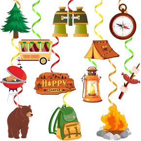 Happy Camper Party Decorations for Hanging Swirls Camping Adventure Bears Tent Sign Swirls Decor for Kids Camping Theme Baby Shower Birthday Party Indoor Outdoor Favor Supplies