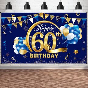 Blue 60th Happy Birthday Banner Decorations for Men, Blue Gold 60 Birthday Backdrop Party Supplies, Sixty Birthday Photo Background Sign
