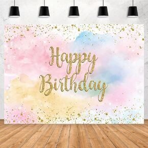 Aperturee Pastel Rainbow Cloud Happy Birthday Backdrop for Girls Women 7x5ft Glitter Gold Dots Sweet 16 18th 21st Bday Photography Background Party Decoration Banner Cake Table Supplies Photo Booth