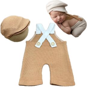Newborn Boy Photography Outfits Baby Photo Outfit Gentleman Photoshoot Prop Beret Hat Suspender Pant Set Girl