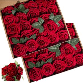 Lansdowns Artificial Flower Foam Rose 25pcs Real Looking Fake Rose with Stems Leaves for Home Decoration Party Garden Centerpieces DIY Wedding Bouquets（Purple）