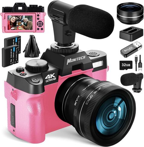 Digital Camera for Photography,13MP digital compact camera,4X digital Zoom,3inch Flip Screen, 52mm Wide Angle and Micro Lens2 Batteries,Cameras bag& Mic,32 GB TF Card in Saudi Arabia