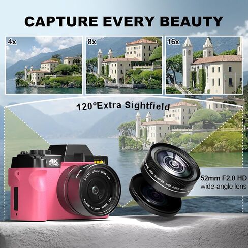 Digital Camera for Photography,13MP digital compact camera,4X digital Zoom,3inch Flip Screen, 52mm Wide Angle and Micro Lens2 Batteries,Cameras bag& Mic,32 GB TF Card in Saudi Arabia
