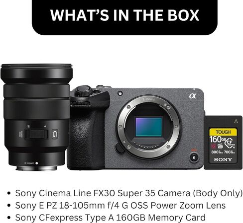 Sony Cinema Line FX30 Super 35 Camera (Body Only) Bundle with Sony E PZ 18-105mm f4 G OSS Power Zoom Lens and CFexpress Type A 160GB Memory Card (3 Items) in Kuwait