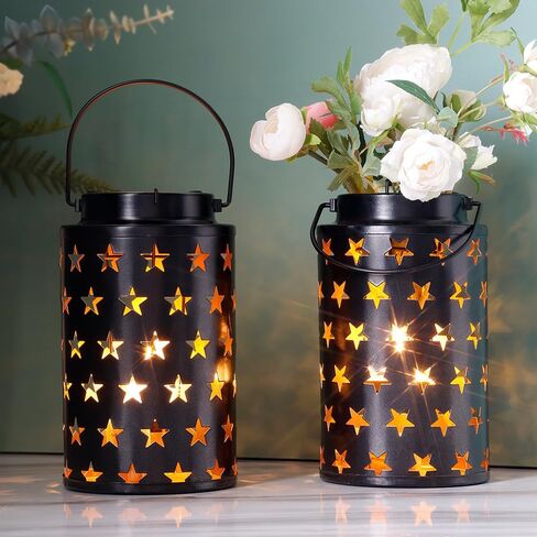 مجموعة JHY DESIGN مكونة من 2 حامل شموع معدنية بطول 20.32 سم ارتفاعًا فوانيس شموع معدنية معلقة مع مقبض للفناء والحديقة والممر الخارجي والمناظر الطبيعية والحديقة (نجوم مجوفة) in Kuwait