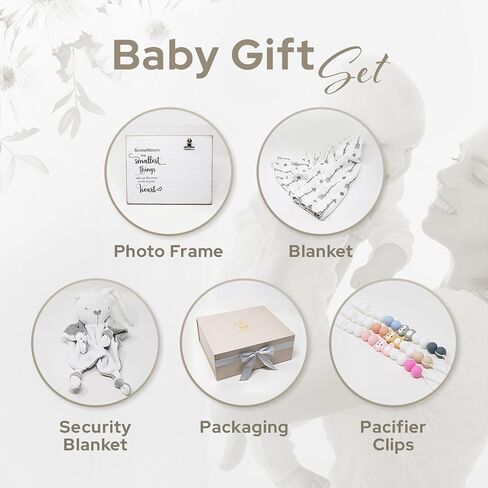 صندوق هدايا MJ Gifts للأطفال حديثي الولادة: حزمة هدايا فريدة من نوعها - بطانية عضوية، أرنب محب للأمان مع جرس، إطار صور أنيق ومشابك لهاية - هدايا مثالية لاستحمام الطفل (أزرق) in Saudi Arabia