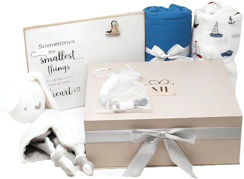 صندوق هدايا MJ Gifts للأطفال حديثي الولادة: حزمة هدايا فريدة من نوعها - بطانية عضوية، أرنب محب للأمان مع جرس، إطار صور أنيق ومشابك لهاية - هدايا مثالية لاستحمام الطفل (أزرق) in Saudi Arabia