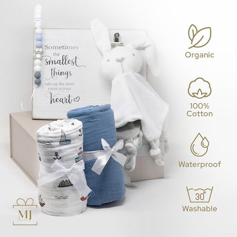 صندوق هدايا MJ Gifts للأطفال حديثي الولادة: حزمة هدايا فريدة من نوعها - بطانية عضوية، أرنب محب للأمان مع جرس، إطار صور أنيق ومشابك لهاية - هدايا مثالية لاستحمام الطفل (أزرق) in Saudi Arabia