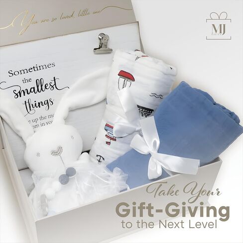 صندوق هدايا MJ Gifts للأطفال حديثي الولادة: حزمة هدايا فريدة من نوعها - بطانية عضوية، أرنب محب للأمان مع جرس، إطار صور أنيق ومشابك لهاية - هدايا مثالية لاستحمام الطفل (أزرق) in Saudi Arabia