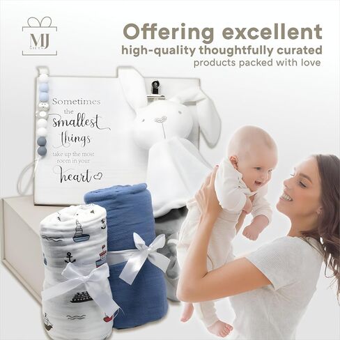 صندوق هدايا MJ Gifts للأطفال حديثي الولادة: حزمة هدايا فريدة من نوعها - بطانية عضوية، أرنب محب للأمان مع جرس، إطار صور أنيق ومشابك لهاية - هدايا مثالية لاستحمام الطفل (أزرق) in Saudi Arabia