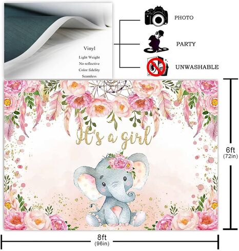 Avezano Elephant Baby Shower Backdrop for Girl Blush Pink Floral It's a Girl Newborn Kids Birthday Party Decoration Photography Background Elephant Birthday Photoshoot Supplies (7x5ft) in Kuwait