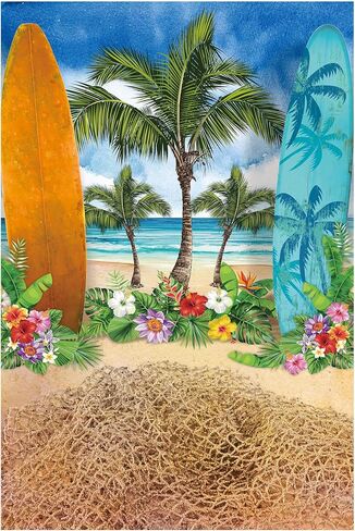 Allenjoy Summer Beach Ocean Backdrops for Photography Blue Sky Seaside Surfboard Background Tropical Palm Trees Kids Girls 1st Birthday Party Decor Banner Baby Shower 5x7ft Photoshoot Photo Booth Prop in Saudi Arabia