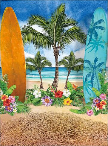 Allenjoy Summer Beach Ocean Backdrops for Photography Blue Sky Seaside Surfboard Background Tropical Palm Trees Kids Girls 1st Birthday Party Decor Banner Baby Shower 5x7ft Photoshoot Photo Booth Prop in Saudi Arabia