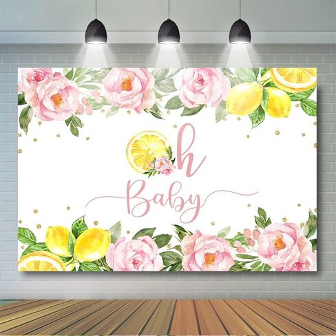 Mocsicka Lemon Baby Shower Backdrop Main Squeeze Oh Baby Background Pink Flower Lemonade Baby Shower Party Decorations (7x5ft (82x60 inch)) in Saudi Arabia