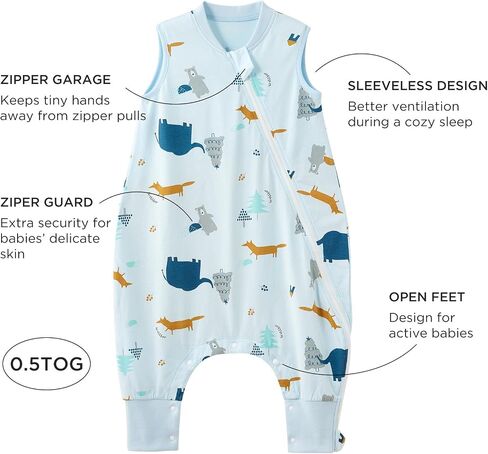 بطانية Duomiaomiao 1.5 TOG يمكن ارتداؤها 3-4T 100% قطن في الفصول الأربعة بسحاب مفتوح من الجانب كيس نوم للأطفال مع أقدام، حقيبة نوم للأطفال قابلة للتنفس in Kuwait