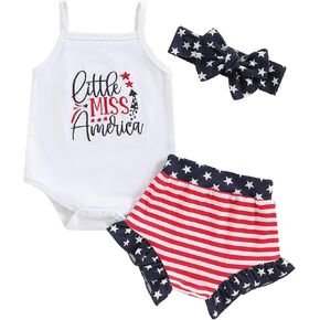 Newborn Infant 4th Fourth of July Baby Girl Outfits Onesie Romper T Shirt White Red and Blue Shorts+Headband