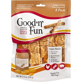 Good ’n’ Fun Triple Flavor Small Rolls with Peanut Butter, 4 Count, Chews with Rawhide for Dogs Made with Chicken, Peanut Butter and Pork Flavor in Kuwait