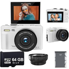 4K 64MP Digital Camera Kit for Photography, Vlogging Camera for YouTube with Flip Up Screen, 18x Zoom, Wide Angle & Macro Lens, 64GB SD, 50" Tripod, Case, Card Reader, Microphone & More in Saudi Arabia