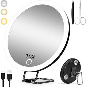 Magnifying Mirror with Light 30X, 6inch 3 Colors Modes Dimming Lighted Makeup Mirror with 30X Magnification, Large Rechargeable Travel Vanity Desk Mirror with 3 Suction Cups and 360° Adjustable Stand