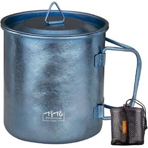 TiTo Titanium Cup Titanium Pot with Lid Ultralight Portable 450ml Foldable Handle Camping Tea Coffee Water Mug for Outdoor Backpacking Hiking Picnic Drinkware with Mesh Sack (Blue)