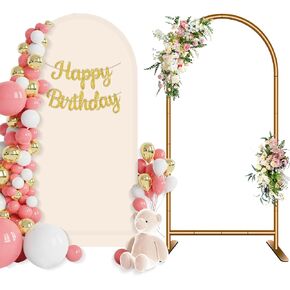 Arch Backdrop Stand and Wedding Arch Cover Spandex, 6.6 FT Metal Arch Backdrop Stand Balloon Arch Frame for Wedding Birthday Party Bridal Baby Shower Ceremony Banquet Decoration (Beige)