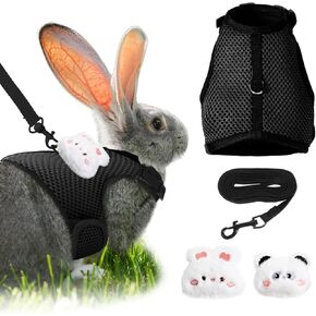 Rabbit Harness and Leash Set with 2 Cute Decorations Soft Adjustable Buckle Breathable Mesh Vest Harness for Rabbits Ferret Small Pig Puppy Walking Supplies (Green,Vivid Pattern)