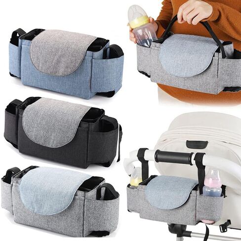 حقيبة تنظيم عربة الأطفال YWHWLX مع حاملات أكواب، منظم ملحقات عربة الأطفال وحامل الزجاجة يناسب معظم عربات الأطفال للزجاجة والحفاضات والهاتف والمفاتيح والألعاب (أزرق) in Kuwait