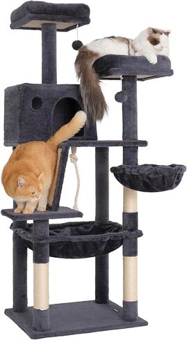 Ouritsu Cat Tree, 56.57" Tall Cat Tower, Two Padded Perches, Large Condo with Window for Large Cat Indoor, Kitten, Steel Framed Hammock, Scratching Post and ramp, Fluffy Basket, Dark Gray, LF001DG in Saudi Arabia