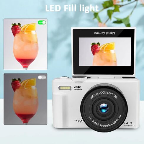 كاميرا رقمية بدقة 4K بدقة 64 ميجابكسل للتصوير الفوتوغرافي، وكاميرا تسجيل فيديو لليوتيوب مع شاشة قابلة للطي 3.0 بوصة بزاوية 180 درجة، وتكبير رقمي 18X، وبطارية قابلة لإعادة الشحن، وبطاقة Micro SD سعة 64 جيجابايت، باللون الأبيض، 64 ميجا بيكسل in Saudi Arabia