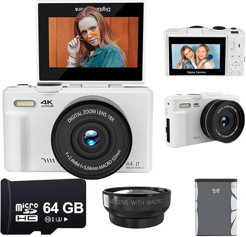 كاميرا رقمية بدقة 4K بدقة 64 ميجابكسل للتصوير الفوتوغرافي، وكاميرا تسجيل فيديو لليوتيوب مع شاشة قابلة للطي 3.0 بوصة بزاوية 180 درجة، وتكبير رقمي 18X، وبطارية قابلة لإعادة الشحن، وبطاقة Micro SD سعة 64 جيجابايت، باللون الأبيض، 64 ميجا بيكسل in Saudi Arabia