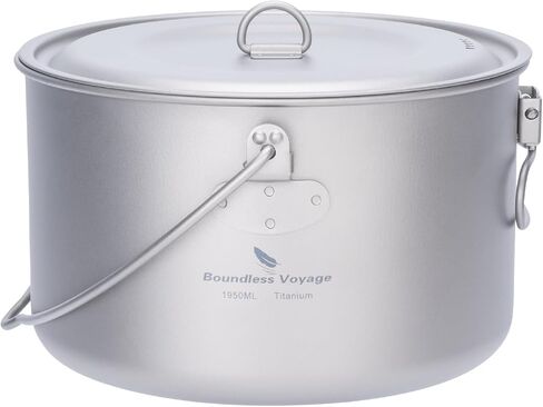 iBasingo 1.95L (1950ml) Titanium Pot with Lid Ultralight Camping Cookware for Backpacking, Hiking & Outdoor Cooking, Compact Backpacker Pot with Measurement Marks, Folding Handle Ti2044C in Kuwait
