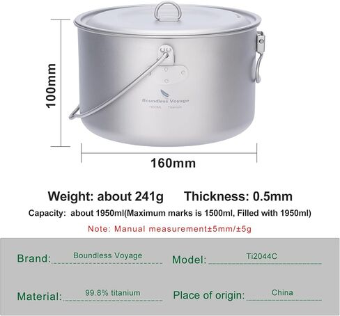 iBasingo 1.95L (1950ml) Titanium Pot with Lid Ultralight Camping Cookware for Backpacking, Hiking & Outdoor Cooking, Compact Backpacker Pot with Measurement Marks, Folding Handle Ti2044C in Kuwait