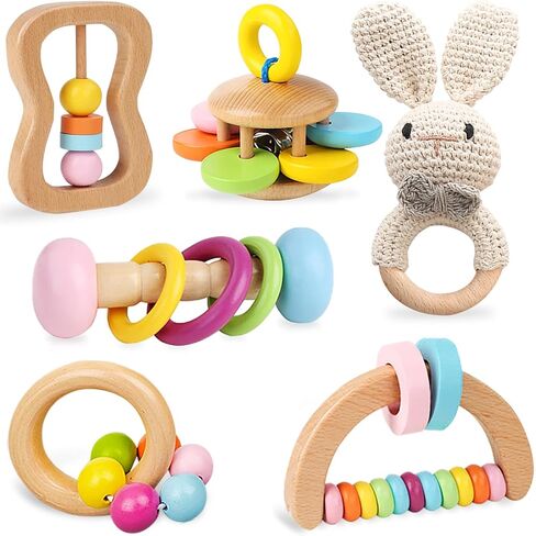 6 PCS Wooden Baby Rattle, Organic Colorful Baby Hand Rattles Set, Wood Rattles for Babies 0-6-12 Months, Wooden Teether Crochet Rattle Toy for Newborn Infant, Montessori Toys for Babies 0-6 Months in Saudi Arabia