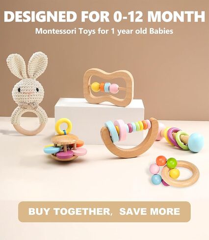 6 PCS Wooden Baby Rattle, Organic Colorful Baby Hand Rattles Set, Wood Rattles for Babies 0-6-12 Months, Wooden Teether Crochet Rattle Toy for Newborn Infant, Montessori Toys for Babies 0-6 Months in Saudi Arabia