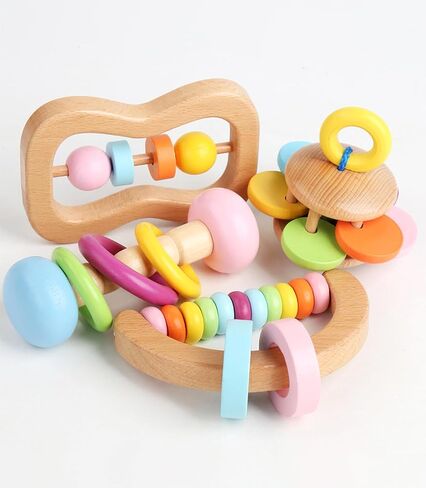 6 PCS Wooden Baby Rattle, Organic Colorful Baby Hand Rattles Set, Wood Rattles for Babies 0-6-12 Months, Wooden Teether Crochet Rattle Toy for Newborn Infant, Montessori Toys for Babies 0-6 Months in Saudi Arabia