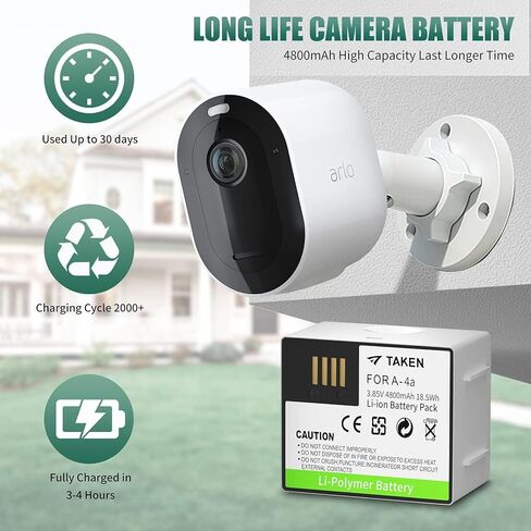 Taken Rechargeable Battery for Arlo Pro 5S 2K, Pro 4, Pro 3, Ultra 2, and Ultra Cameras, 3.85V 4800mAh Long Lasting Camera Batteries with Battery Charger Station in Kuwait