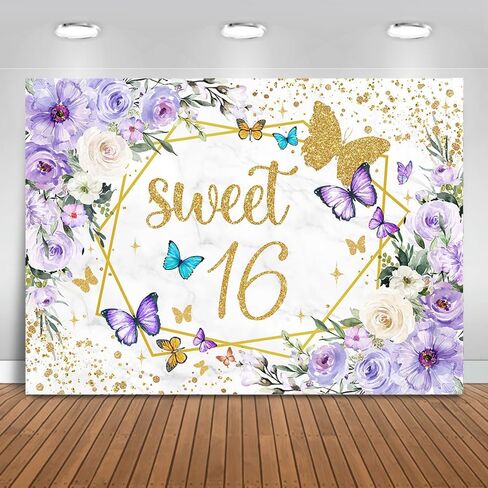 Mocsicka Sweet 16 Backdrop Purple Butterfly Floral Girls Happy Birthday Background Sweet Sixteen Girls Birthday Party Decorations Photo Booth Props (5x3ft) in Saudi Arabia
