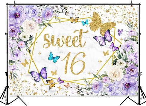 Mocsicka Sweet 16 Backdrop Purple Butterfly Floral Girls Happy Birthday Background Sweet Sixteen Girls Birthday Party Decorations Photo Booth Props (5x3ft) in Saudi Arabia