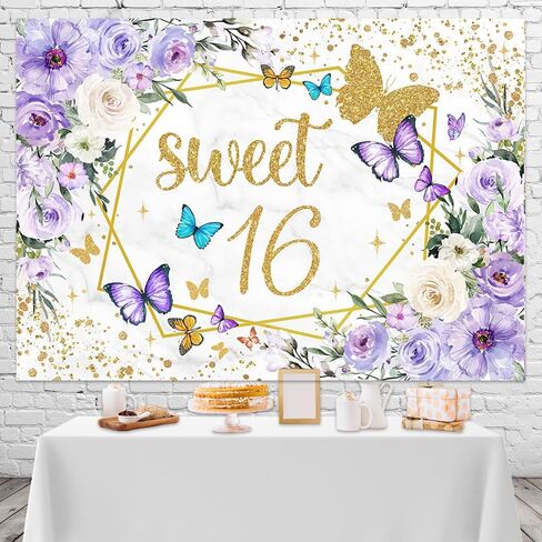 Mocsicka Sweet 16 Backdrop Purple Butterfly Floral Girls Happy Birthday Background Sweet Sixteen Girls Birthday Party Decorations Photo Booth Props (5x3ft) in Saudi Arabia