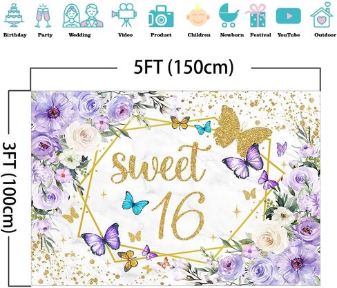 Mocsicka Sweet 16 Backdrop Purple Butterfly Floral Girls Happy Birthday Background Sweet Sixteen Girls Birthday Party Decorations Photo Booth Props (5x3ft) in Saudi Arabia