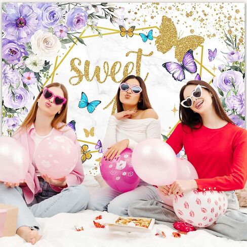 Mocsicka Sweet 16 Backdrop Purple Butterfly Floral Girls Happy Birthday Background Sweet Sixteen Girls Birthday Party Decorations Photo Booth Props (5x3ft) in Saudi Arabia