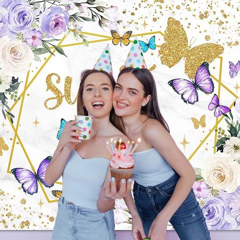 Mocsicka Sweet 16 Backdrop Purple Butterfly Floral Girls Happy Birthday Background Sweet Sixteen Girls Birthday Party Decorations Photo Booth Props (5x3ft) in Saudi Arabia