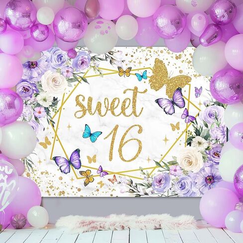 Mocsicka Sweet 16 Backdrop Purple Butterfly Floral Girls Happy Birthday Background Sweet Sixteen Girls Birthday Party Decorations Photo Booth Props (5x3ft) in Saudi Arabia