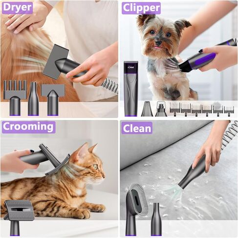 XiaZ Dog Grooming Vacuum Dryer with Clippers, 15 Kpa Dog Grooming Kit with Nail Grinder and Paw Trimmer, Hair Vacuum Groomer for Shedding Blowing Trimming Pet's Hair, 10 Pet Grooming Tools, Low-Noise in Kuwait